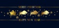 Golden silhouette of Santa Claus in a sleigh and harnessed by bulls on a blue background. Concept for Christmas card or invitation